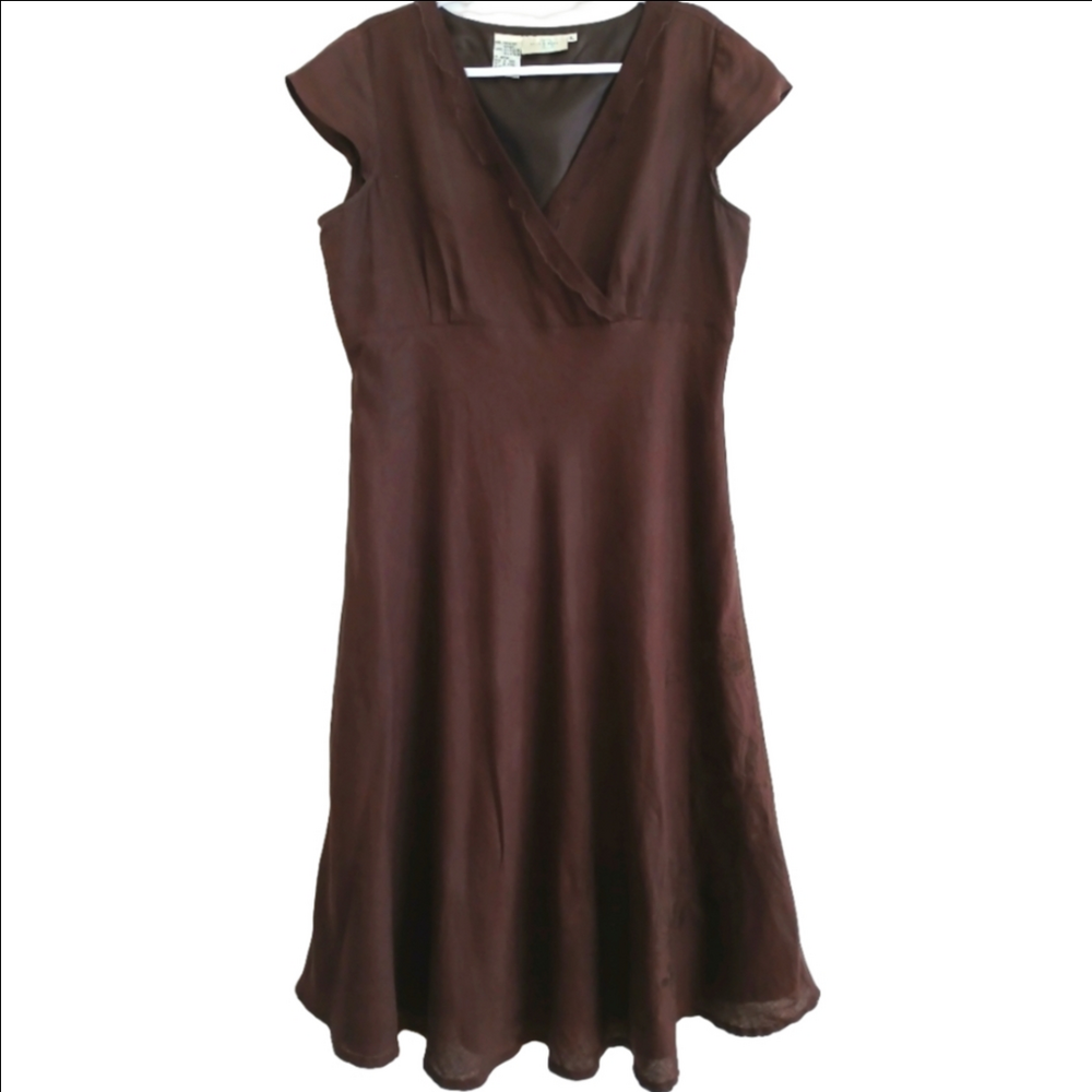 ALICE BLUE Linen Flutter Skirt Crossover Embroidered Brown Dress Sz XL ( 14-16)